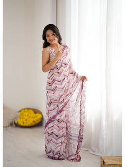 URBAN PALLU - Purple-Off White Printed Mirror Work Chiffon Saree
