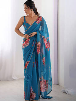 URBAN PALLU - Blue Floral Printed Pure Chiffon Saree