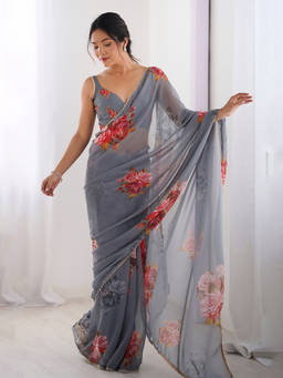 URBAN PALLU - Grey Floral Printed Pure Chiffon Saree