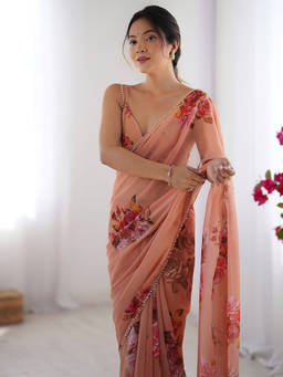 URBAN PALLU - Peach Floral Printed Pure Chiffon Saree