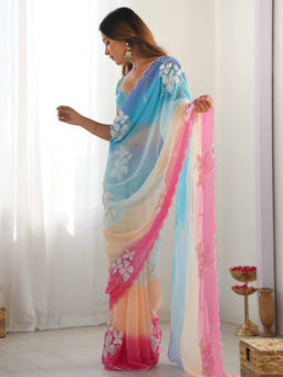 URBAN PALLU - Blue-Pink Ombre Sequined Poly Georgette Saree