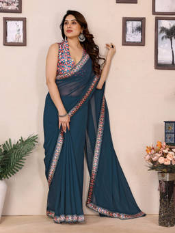 URBAN PALLU - Teal Solid Printed Pure Chiffon Saree