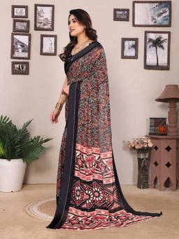 URBAN PALLU - Black Floral Printed Pure Georgette Saree