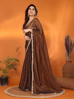 URBAN PALLU - Brown Solid Sequined Border Silk Blend Saree