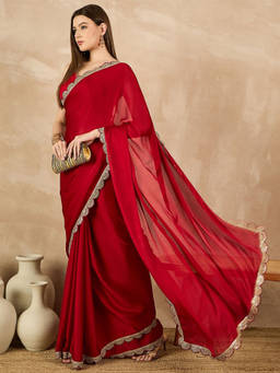 URBAN PALLU - Red Solid Sequined Lace Border Poly Georgette Saree