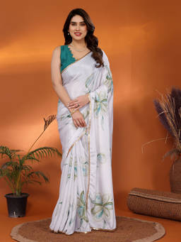 URBAN PALLU - White-Green Floral Printed Poly Chiffon Saree