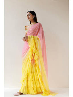 URBAN PALLU - Pink-Yellow Ombre Poly Georgette Saree