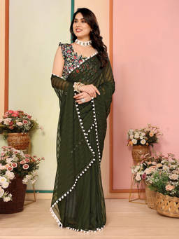 URBAN PALLU - Green Stripes Lace Work Design Pure Chiffon Saree