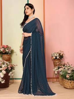URBAN PALLU - Teal Stripes Lace Work Design Pure Chiffon Saree