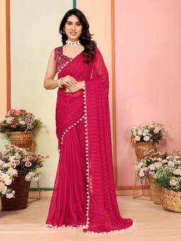 URBAN PALLU - Pink Stripes Lace Work Design Pure Chiffon Saree