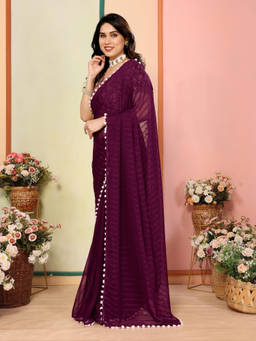 URBAN PALLU - Purple Stripes Lace Work Design Pure Chiffon Saree