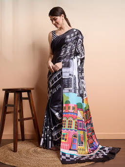 URBAN PALLU - Black Printed Poly Georgette Saree