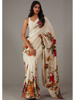URBAN PALLU - Off White Floral Printed Poly Georgette Saree