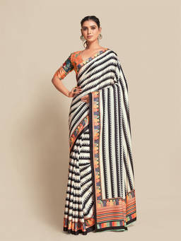 URBAN PALLU - Black-White Stripes Printed Poly Georgette Saree