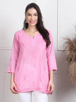 Khaka-The Chikankari Heritage - Pink Lucknowi Embroidered Chikankari Dobby Short Kurti