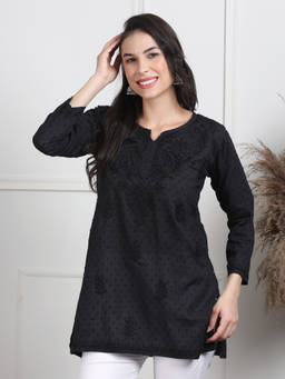Khaka-The Chikankari Heritage - Black Lucknowi Embroidered Chikankari Dobby Short Kurti