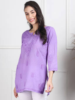 Khaka-The Chikankari Heritage - Lavender Lucknowi Embroidered Chikankari Dobby Short Kurti