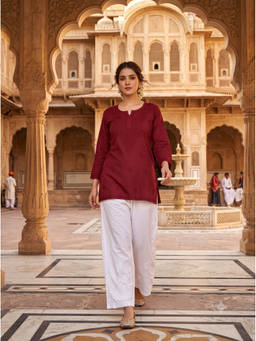 Khaka-The Chikankari Heritage - Maroon Lucknowi Embroidered Chikankari Dobby Short Kurti