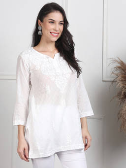 Khaka-The Chikankari Heritage - White Lucknowi Embroidered Chikankari Dobby Short Kurti