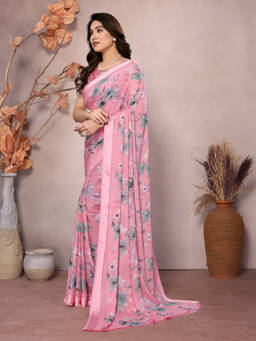 URBAN PALLU - Pink Floral Printed Pure Georgette Saree
