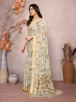 URBAN PALLU - Beige Floral Printed Pure Georgette Saree