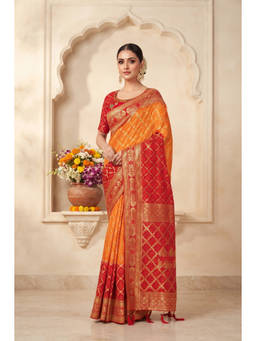 Monjolika Fashion - Light Orange-Red Woven Bandhani Banarasi Silk Saree