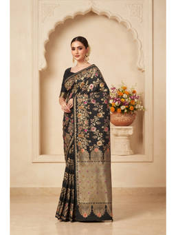 Monjolika Fashion - Black Floral Woven Banarasi Silk Saree