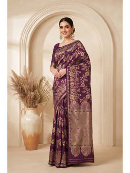 Monjolika Fashion - Purple Floral Woven Banarasi Silk Saree