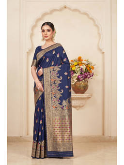 Monjolika Fashion - Navy Blue Woven Zari Banarasi Silk Saree
