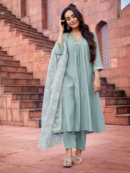 Royal Export - Green Solid-Mirror Work A-Line Kurta with Pant and Dupatta