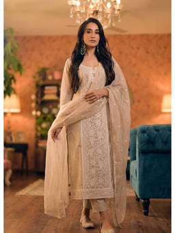 Royal Export - Beige Floral Embroidered Straight Kurta with Pant and Dupatta