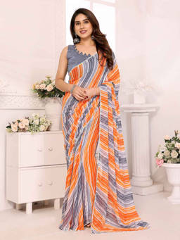 URBAN PALLU - Multi-Color Stripes Printed Pure Chiffon Designer Saree