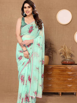 URBAN PALLU - Green Floral Printed Pure Chiffon Designer Saree