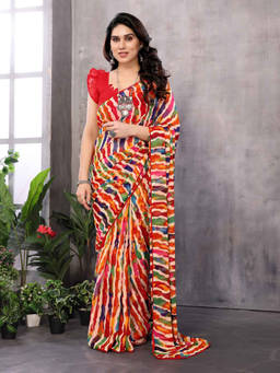 URBAN PALLU - Multi-Color Leheriya Printed Pure Chiffon Saree