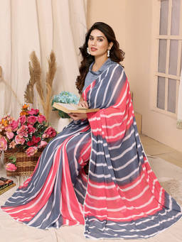 URBAN PALLU - Pink-Grey Stripes Printed Pure Chiffon Saree