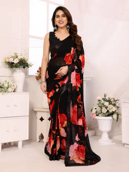 URBAN PALLU - Black Floral Printed Pure Chiffon Designer Saree