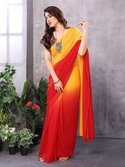 URBAN PALLU - Red-Yellow Ombre Pure Chiffon Designer Saree