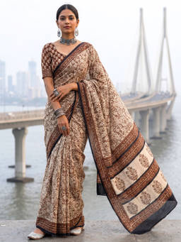 Ushvii - Brown Floral Block Printed Saree