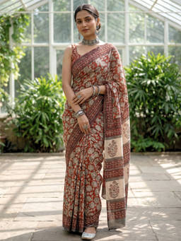 Ushvii - Rust Floral Block Printed Saree