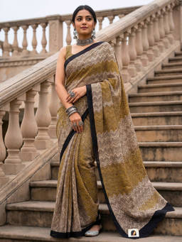 Ushvii - Mustard-Beige Block Printed Saree