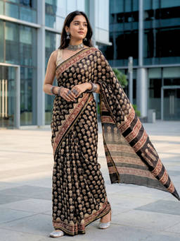 Ushvii - Black Floral Block Printed Saree