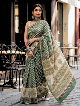 Ushvii - Green Floral Block Printed Saree