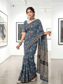 Ushvii - Blue Floral Block Printed Saree