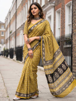 Ushvii - Yellow Paisley Block Printed Saree