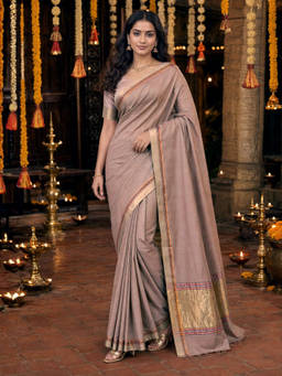 Ushvii - Beige Woven Zari Work Venkatagiri Saree
