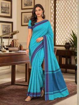 Ushvii - Blue Checks Printed Venkatagiri Saree