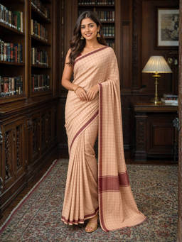 Ushvii - Beige Checks Printed Venkatagiri Saree