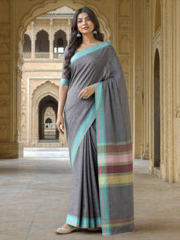 Ushvii - Grey Checks Printed Venkatagiri Saree