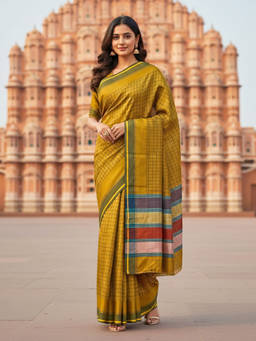 Ushvii - Mustard Checks Printed Venkatagiri Saree