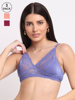 AOBA - Pink & Blue Pack of 3 Non Padded Non Wired Everyday Lace Bra